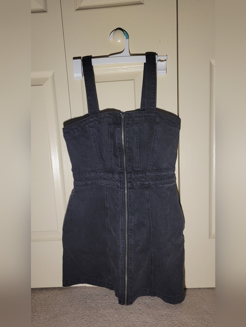 wild fable Black Denim Thin Staps Zip-Front Dress With Pockets